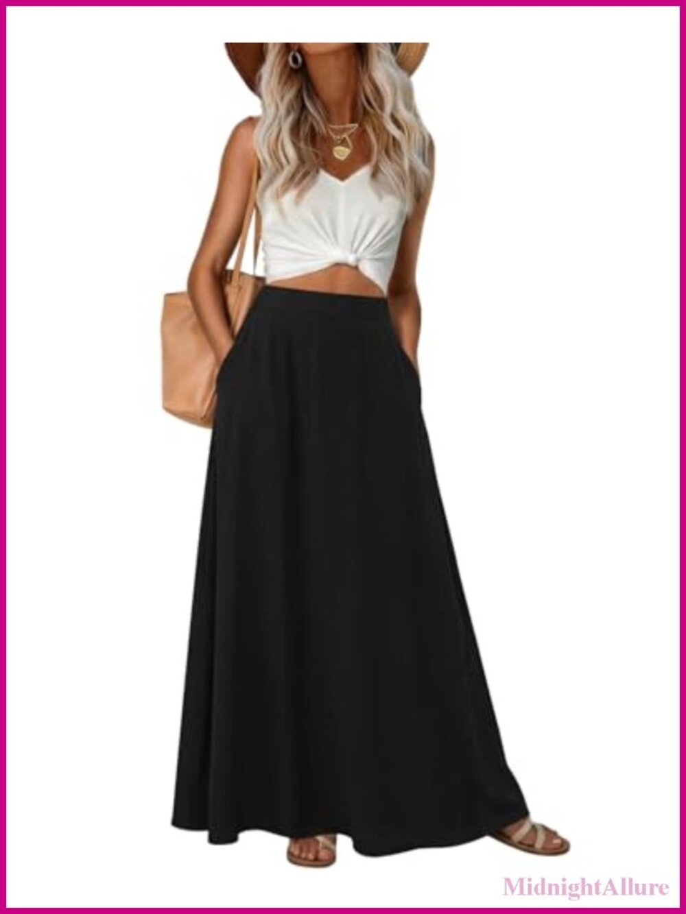 Flowy Maxi A-Line Skirt High Waist Elastic with Pockets